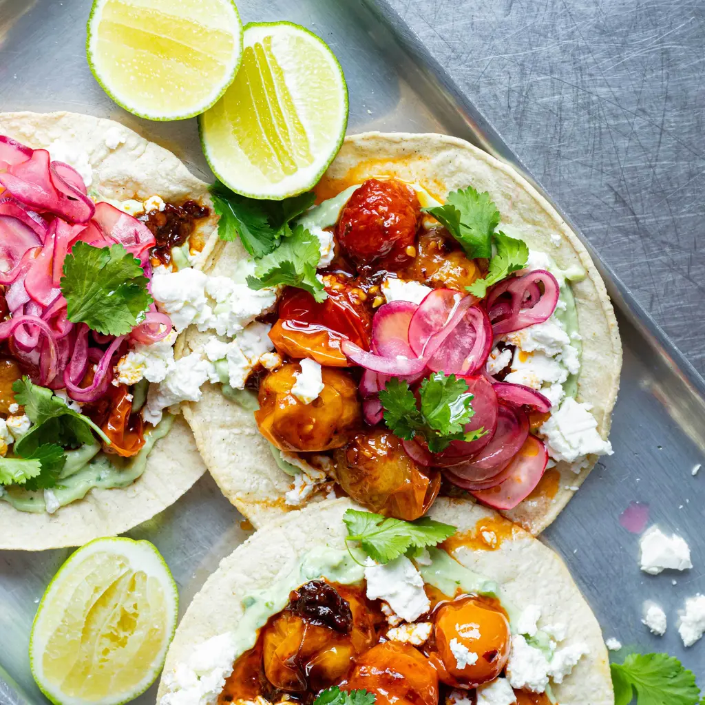 Air Fryer Chipotle Tomato Tostadas with Feta & Limey Pickles