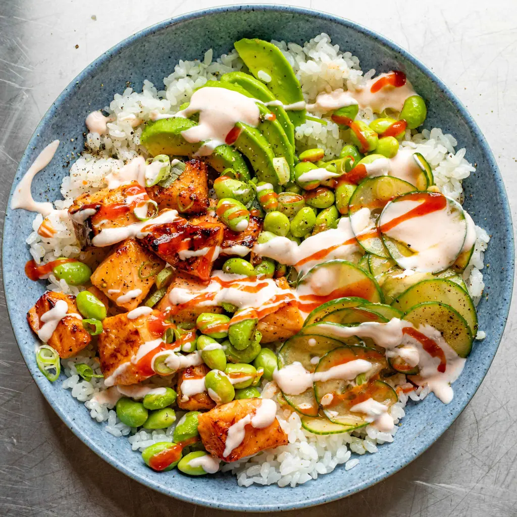 Air Fryer Sticky Salmon & Edamame Rice Bowl