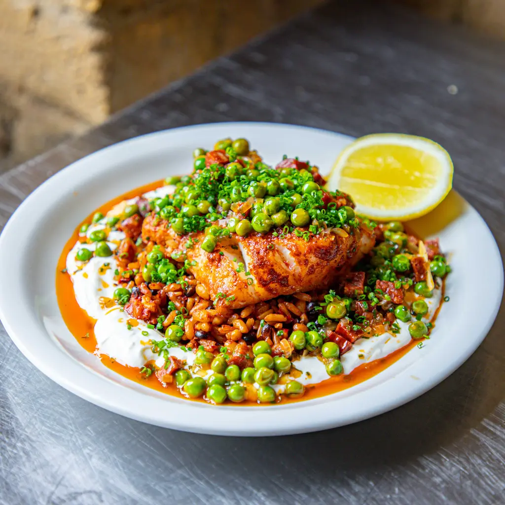 Baked Paprika Cod With Peas & Spicy Chorizo Dressing