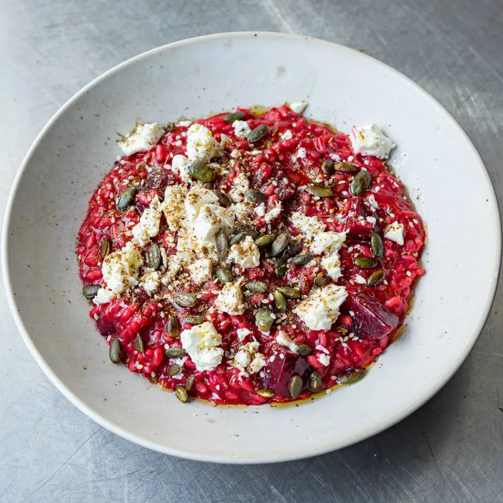 Beetroot Risotto with Feta & Pumpkin Seeds