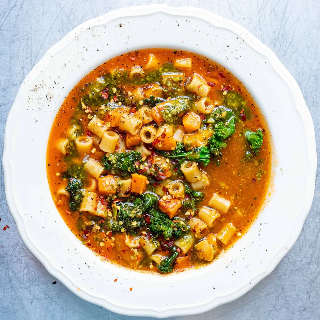 Brothy Roast Squash & Pasta With Greens