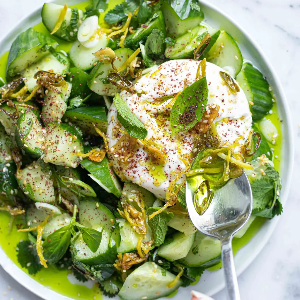 Burrata & Cucumber Salad With Green Chilli Oil