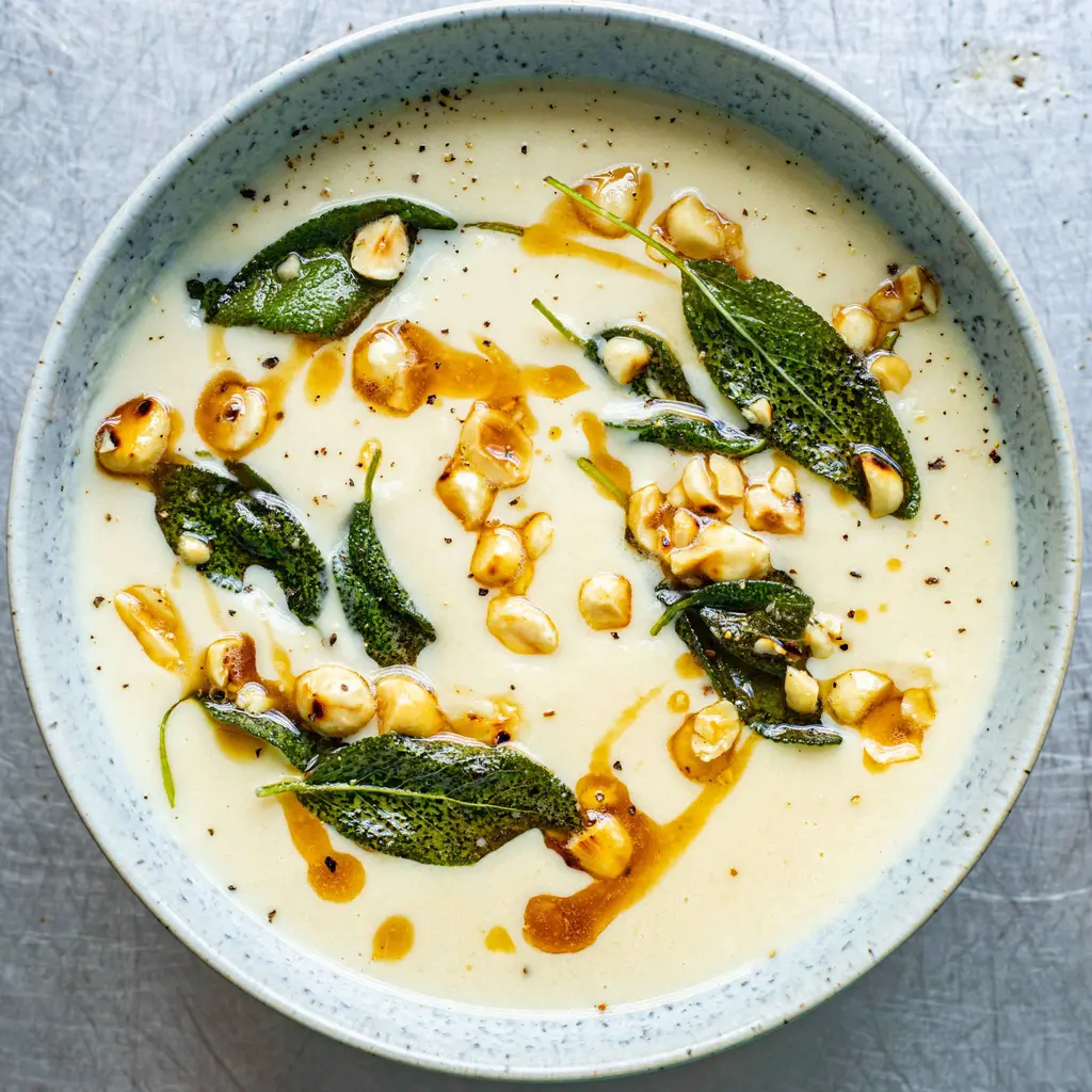 Celeriac Soup with Crispy Sage & Hazelnuts