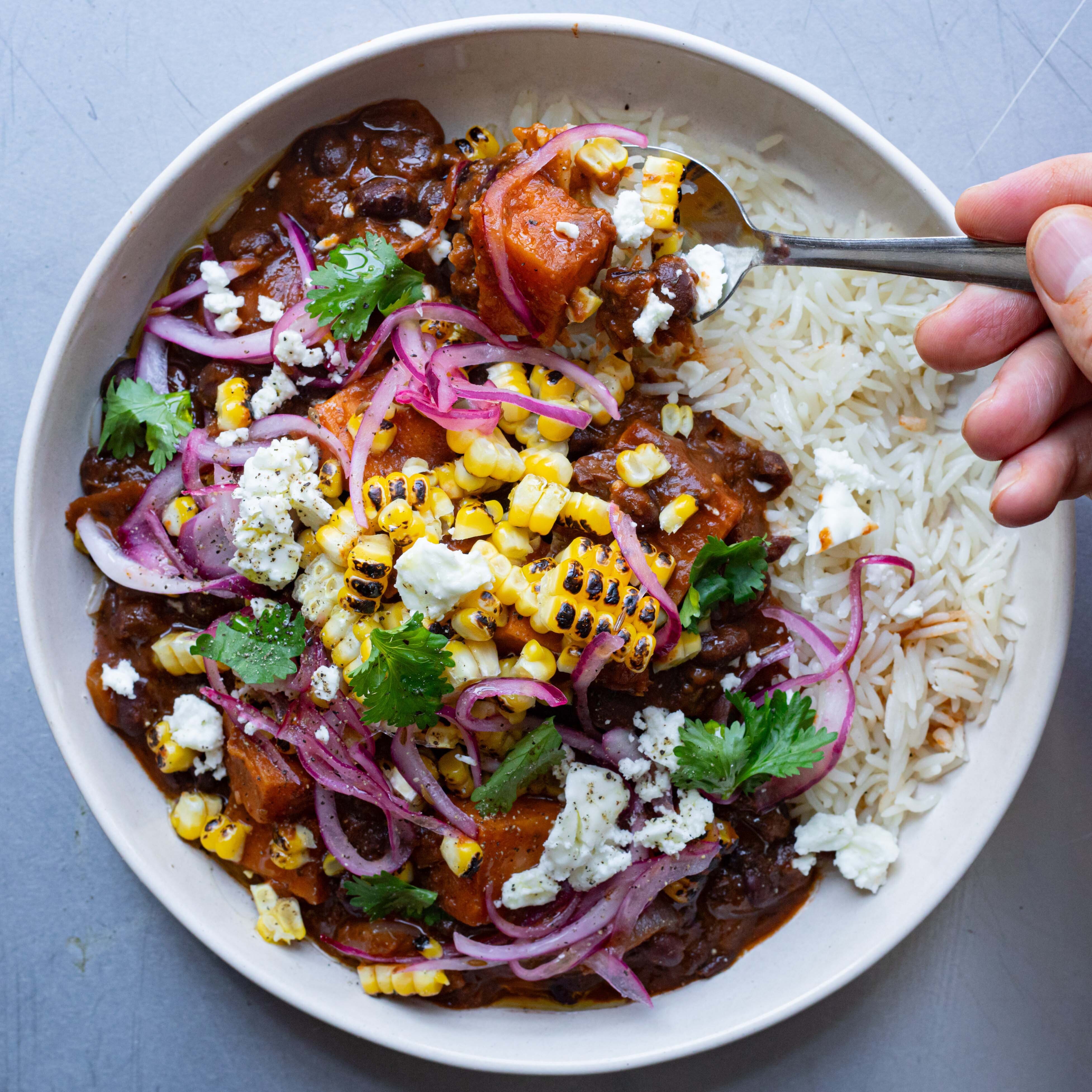 Sweet Potato & Black Bean Chilli with Charred Corn