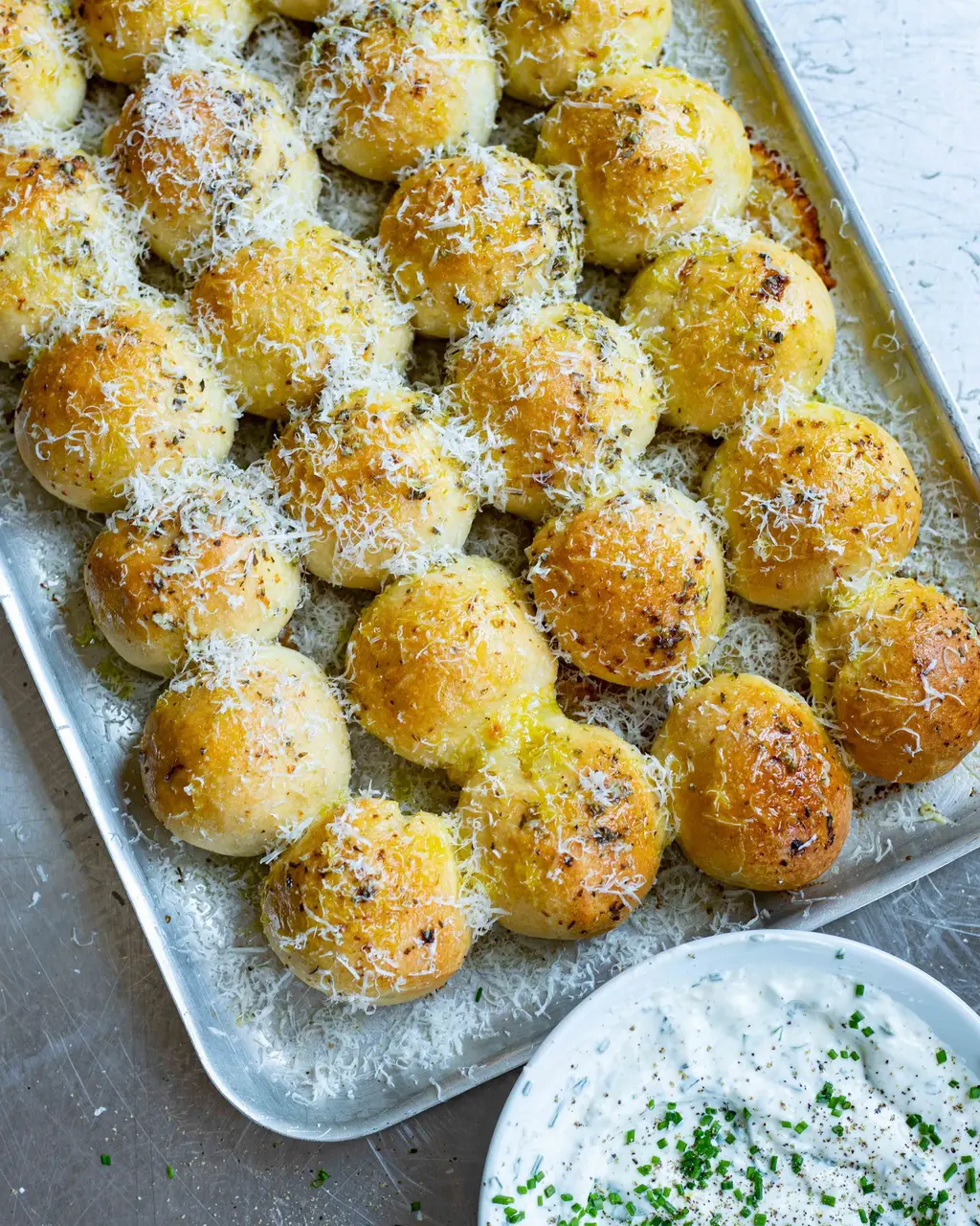 Cheesy Dough Balls With Roasted Garlic & Herb Dip
