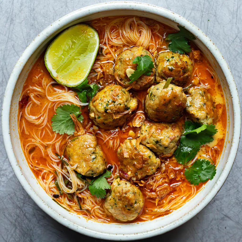 Curried Chicken Meatballs with Curried Coconut Noodles