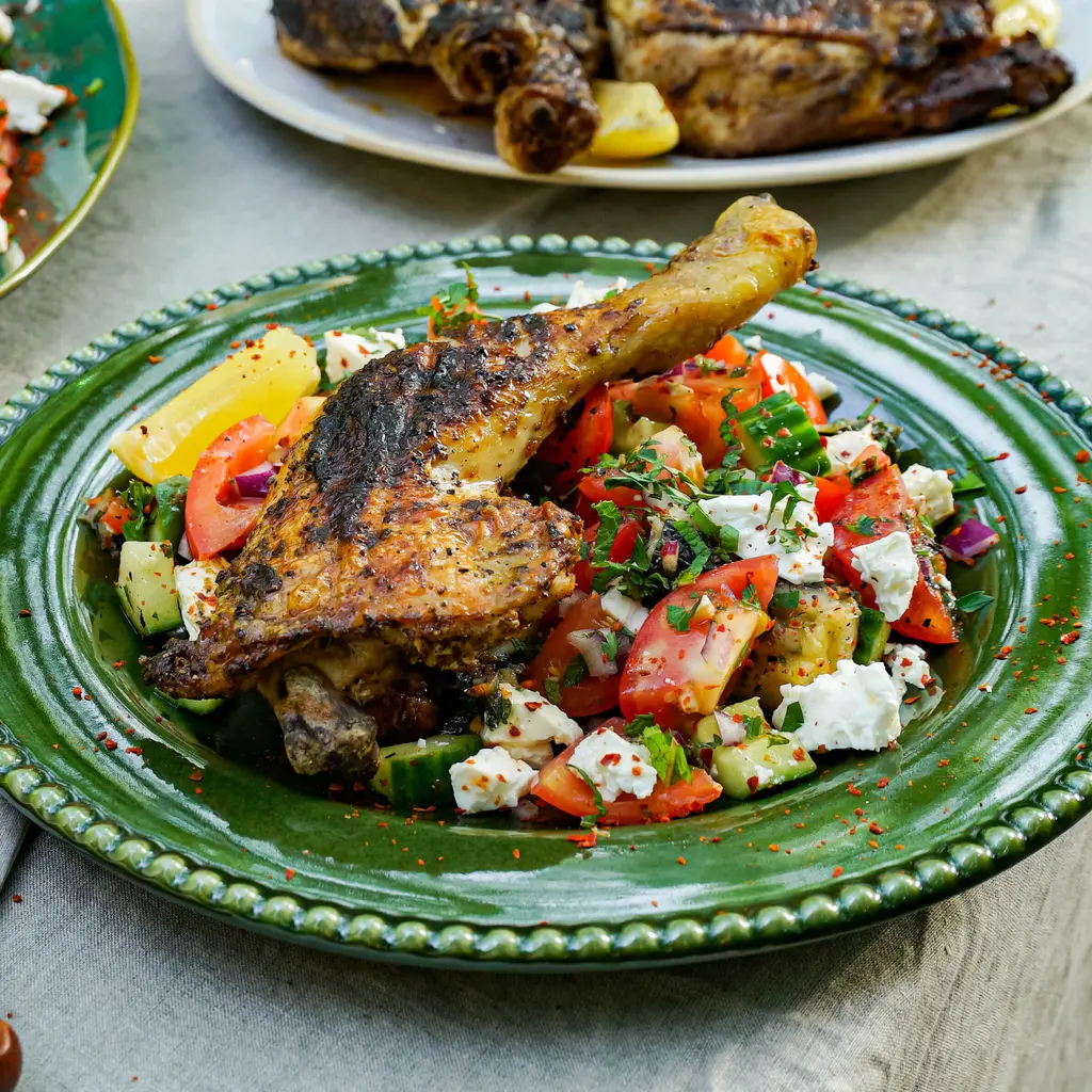 Chicken Legs With Burnt Courgette & Tomato Salad