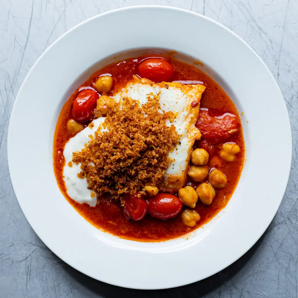 Chickpea & Harissa Stew with Poached Cod & Breadcrumbs