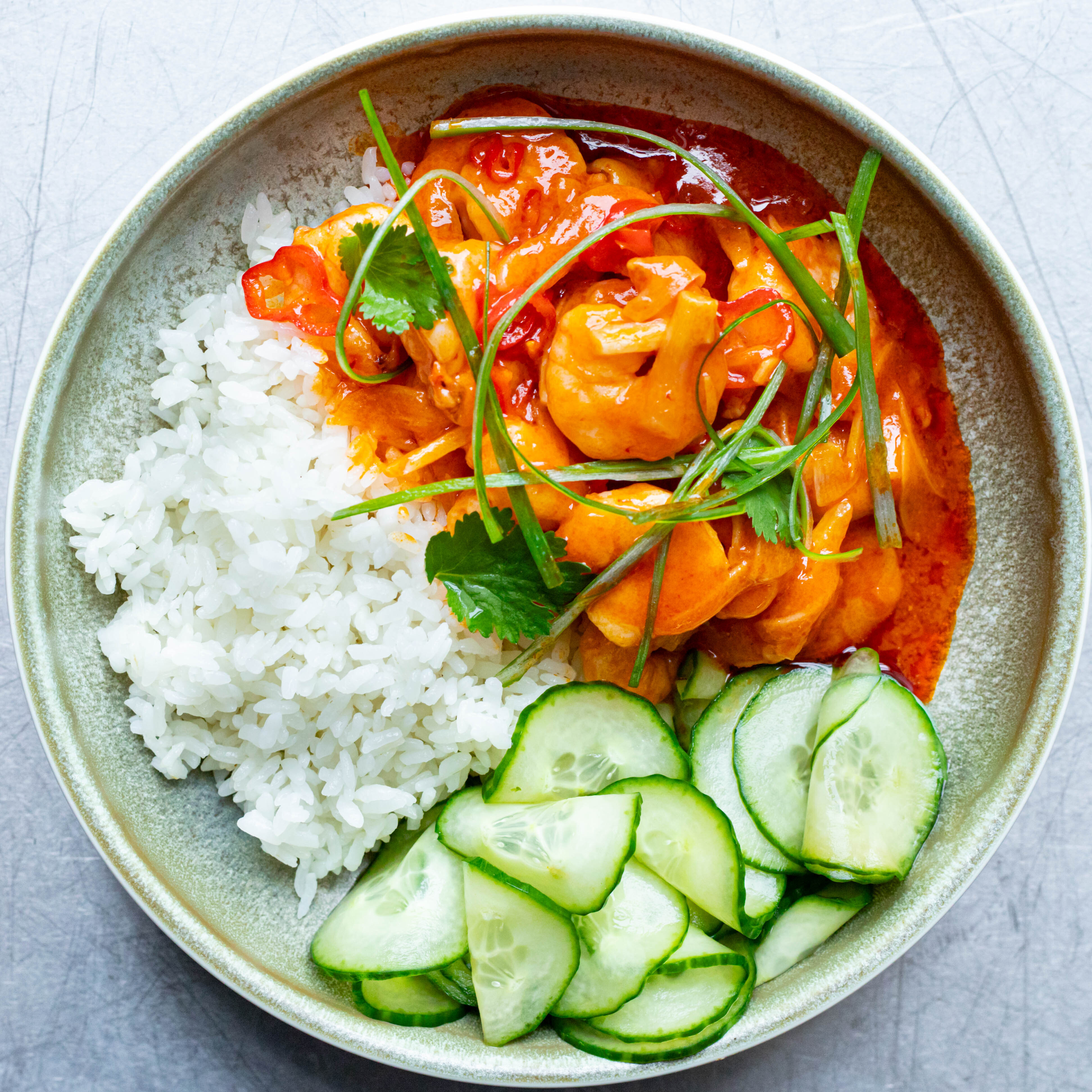 Chilli Garlic Prawn Rice Bowl With Cucumber Salad