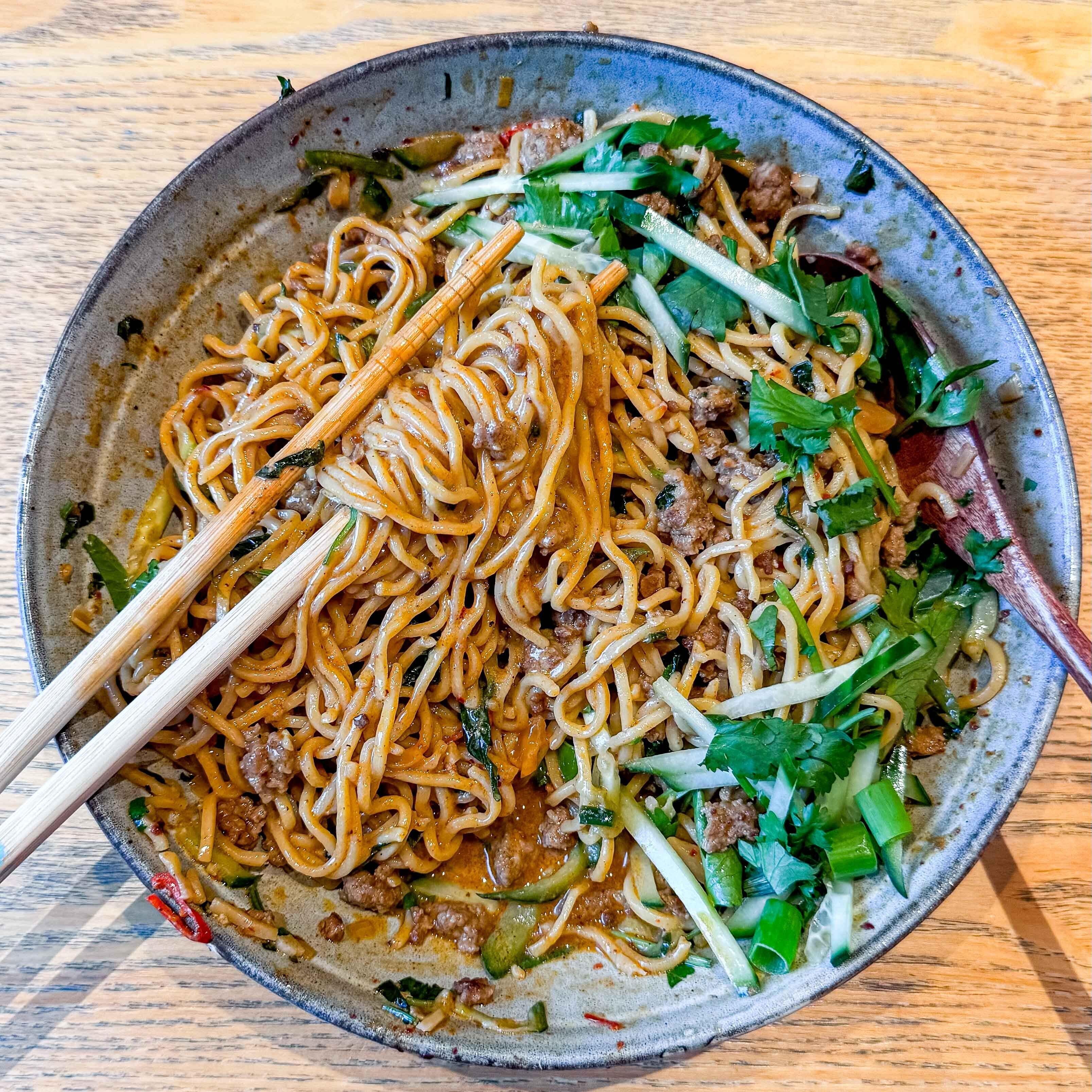 Crispy Pork, Tahini & Chilli Oil Noodles