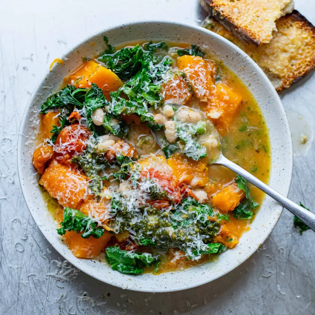 Chunky Vegetable Soup With Squash, Kale & Parmesan Croutons