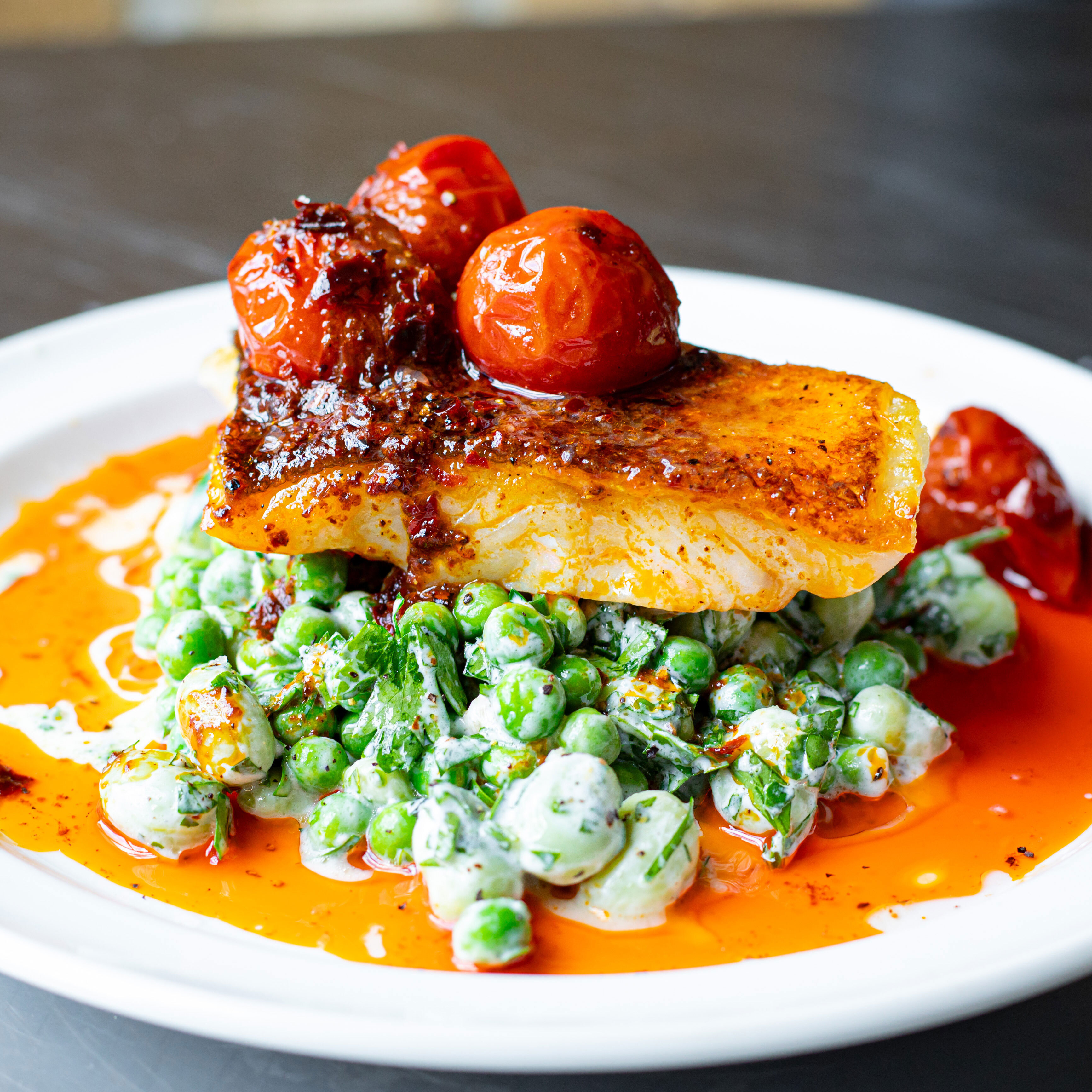 Cod with Yoghurt, Peas & Harissa Butter