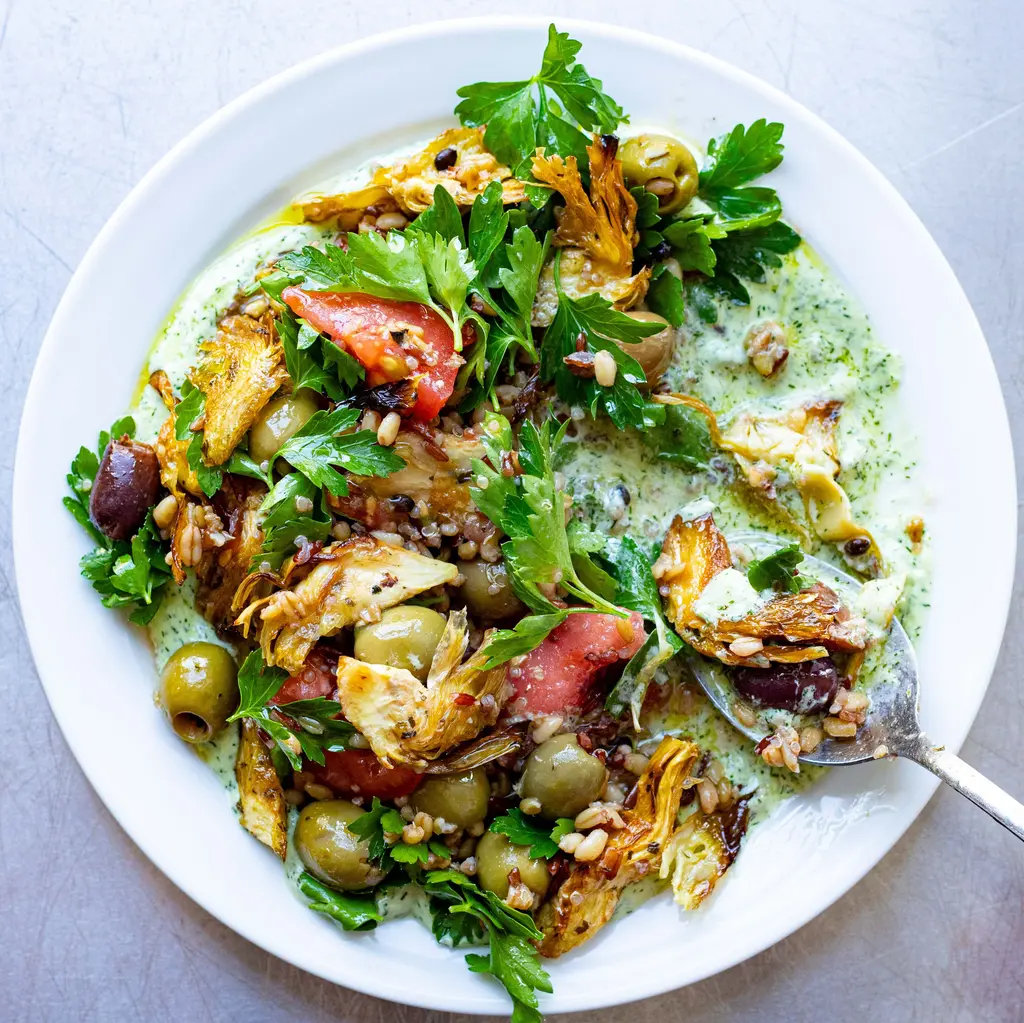 Crispy Artichoke & Tomato Salad with Whipped Feta Dressing