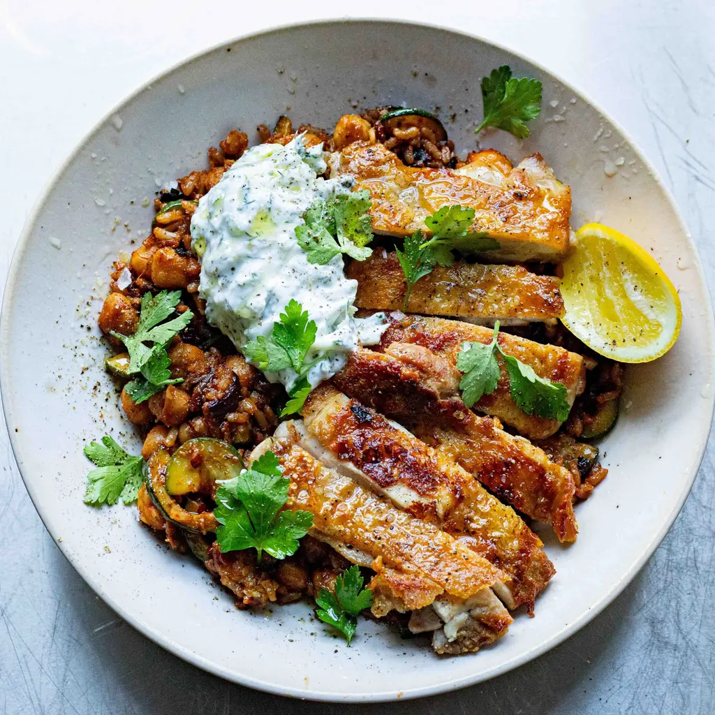 Crispy Chicken, Brown Rice, Chickpeas & Tzatziki