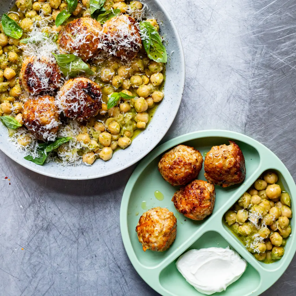 Crispy Chicken Meatballs & Pesto Chickpeas