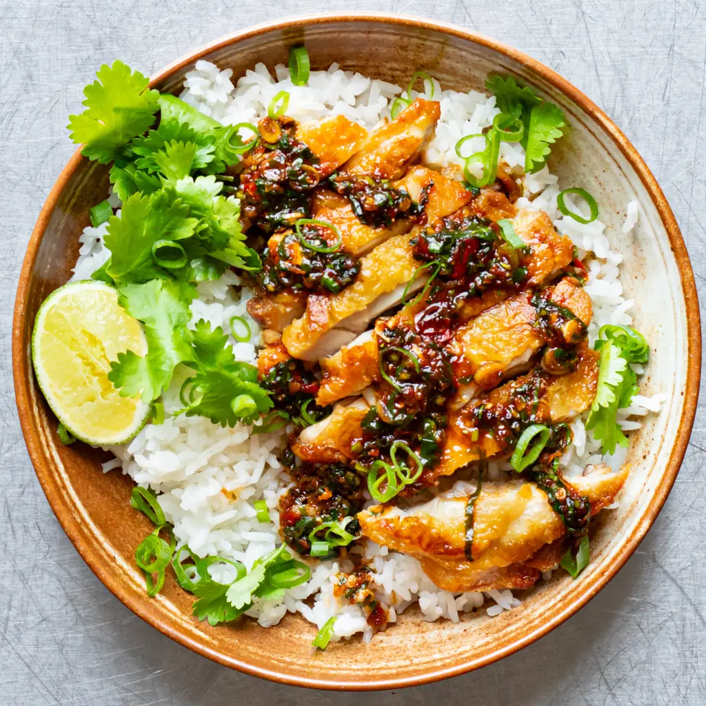 Crispy Chicken Rice with Chilli Garlic Sauce
