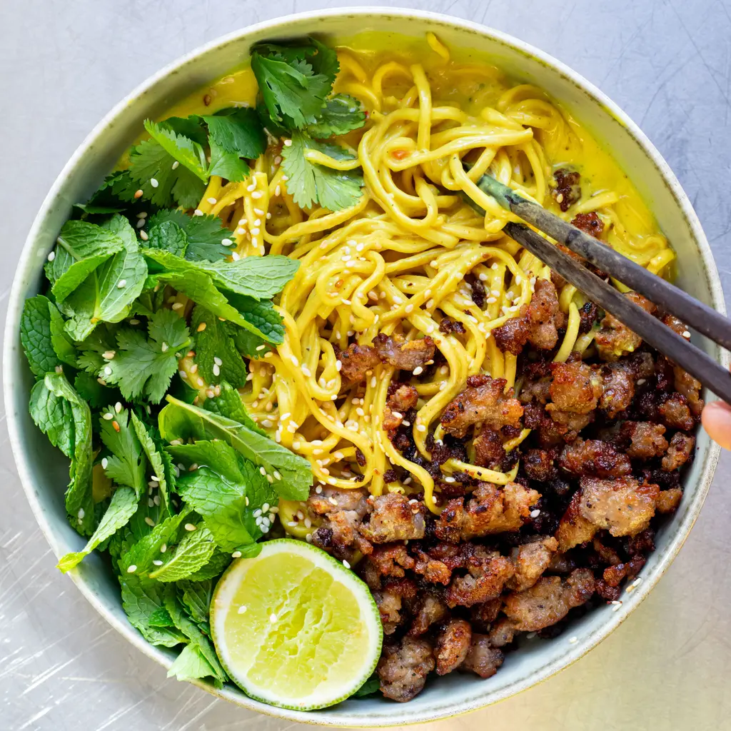 Crispy Pork & Saucy Ginger Turmeric Noodles