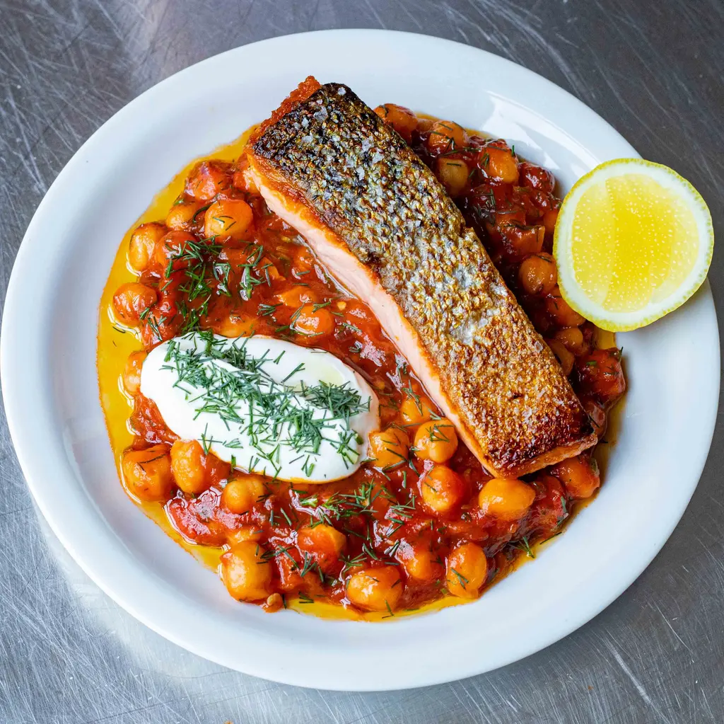 Crispy Salmon With Spicy Chickpea Ragù