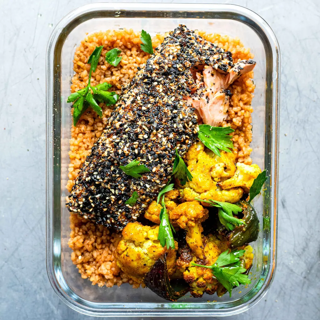 Everything-Seasoned Salmon with Spiced Cauliflower & Bulgur
