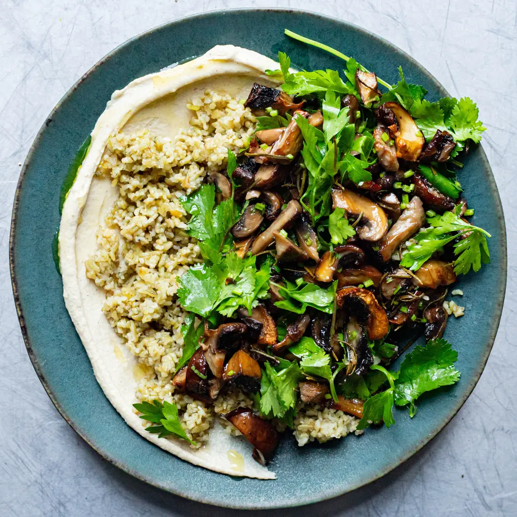 Golden Garlicky Mushrooms & Whipped Tahini Bowl