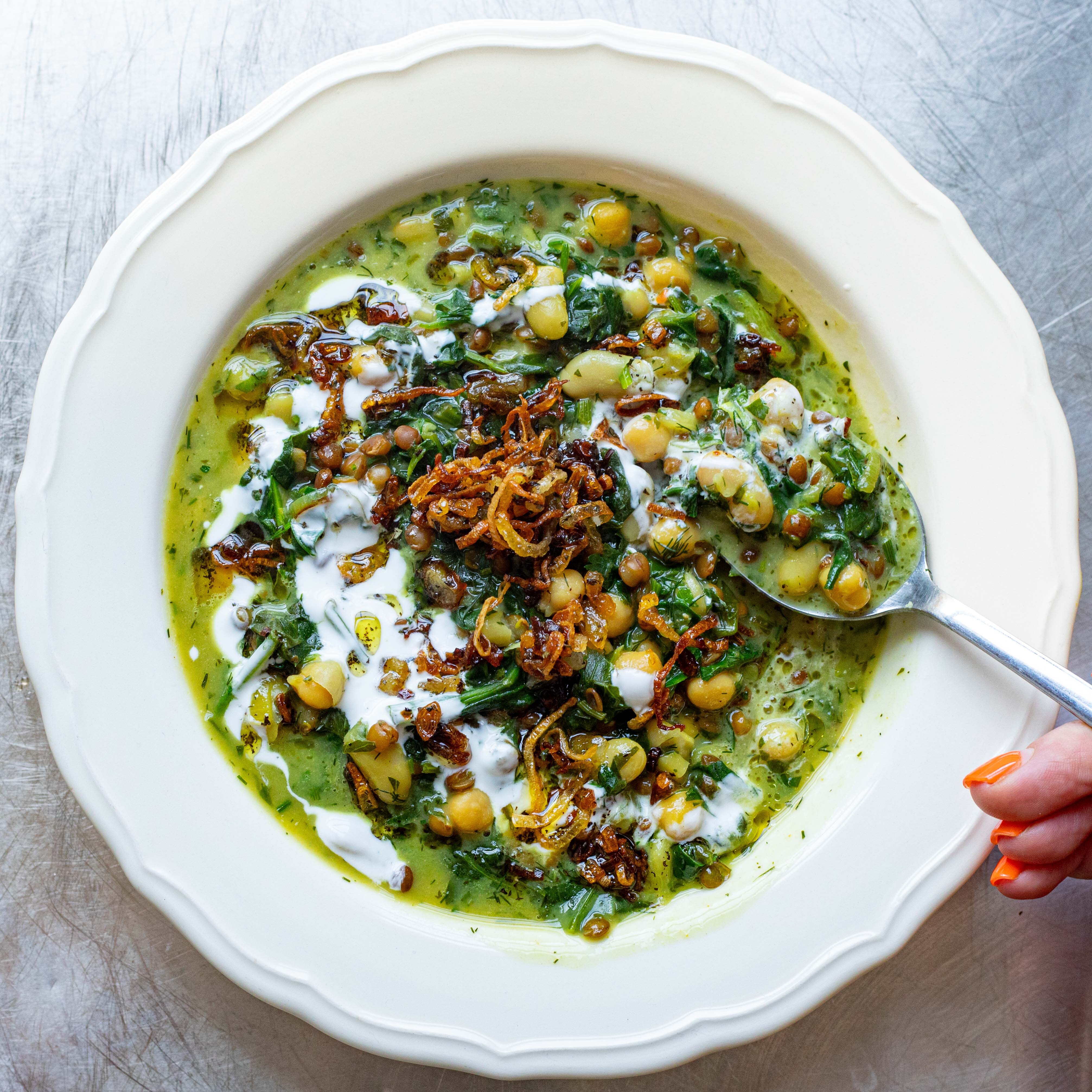 Golden Herby Chickpea Stew with Crispy Shallots