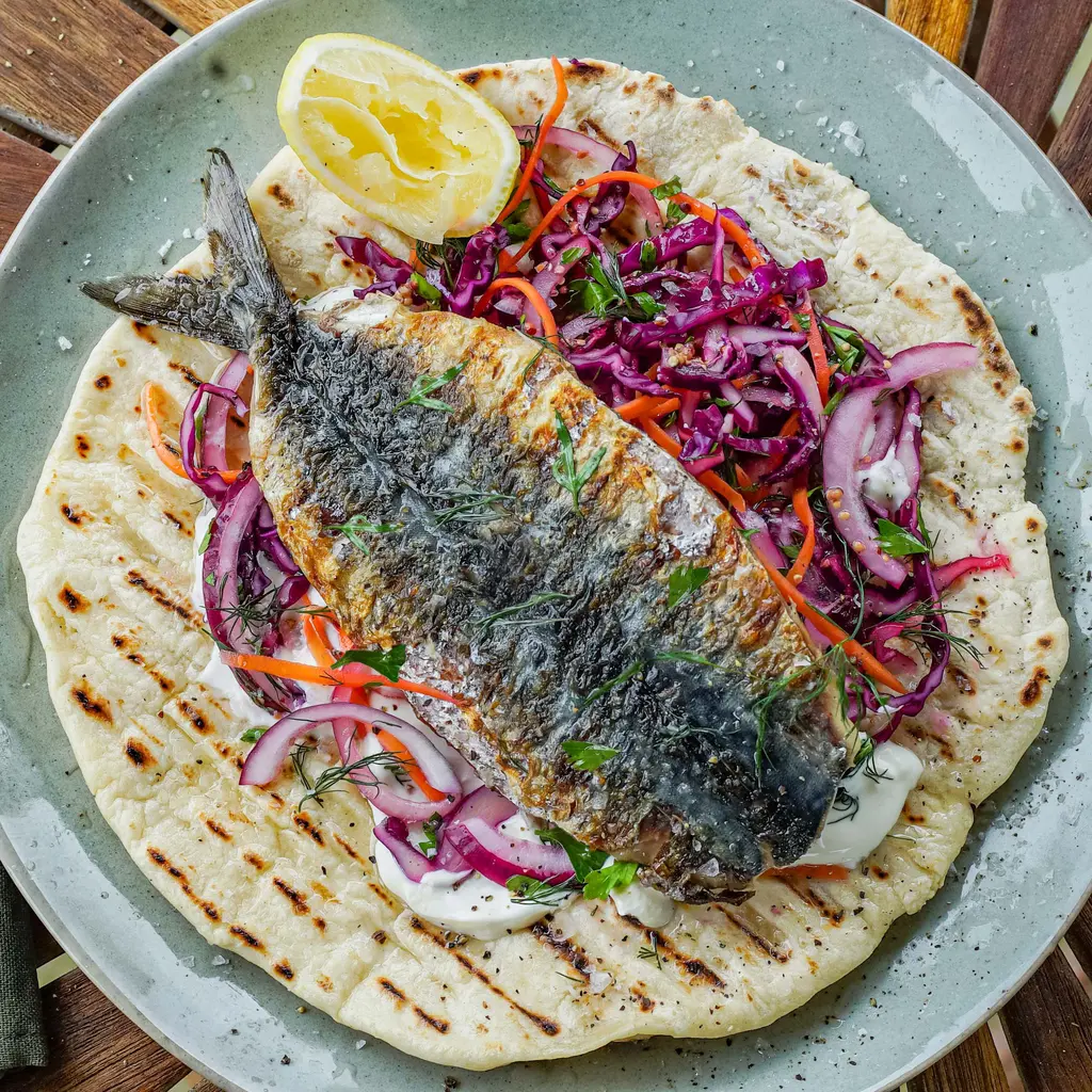 Grilled Mackerel Flatbreads with Dill Mustard Slaw