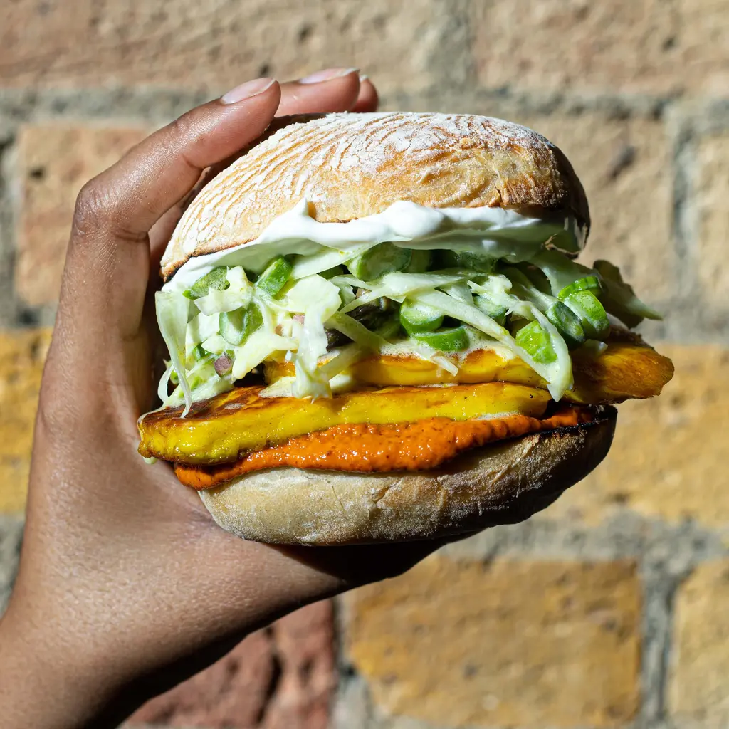 Halloumi Burgers with Curried Romesco Sauce