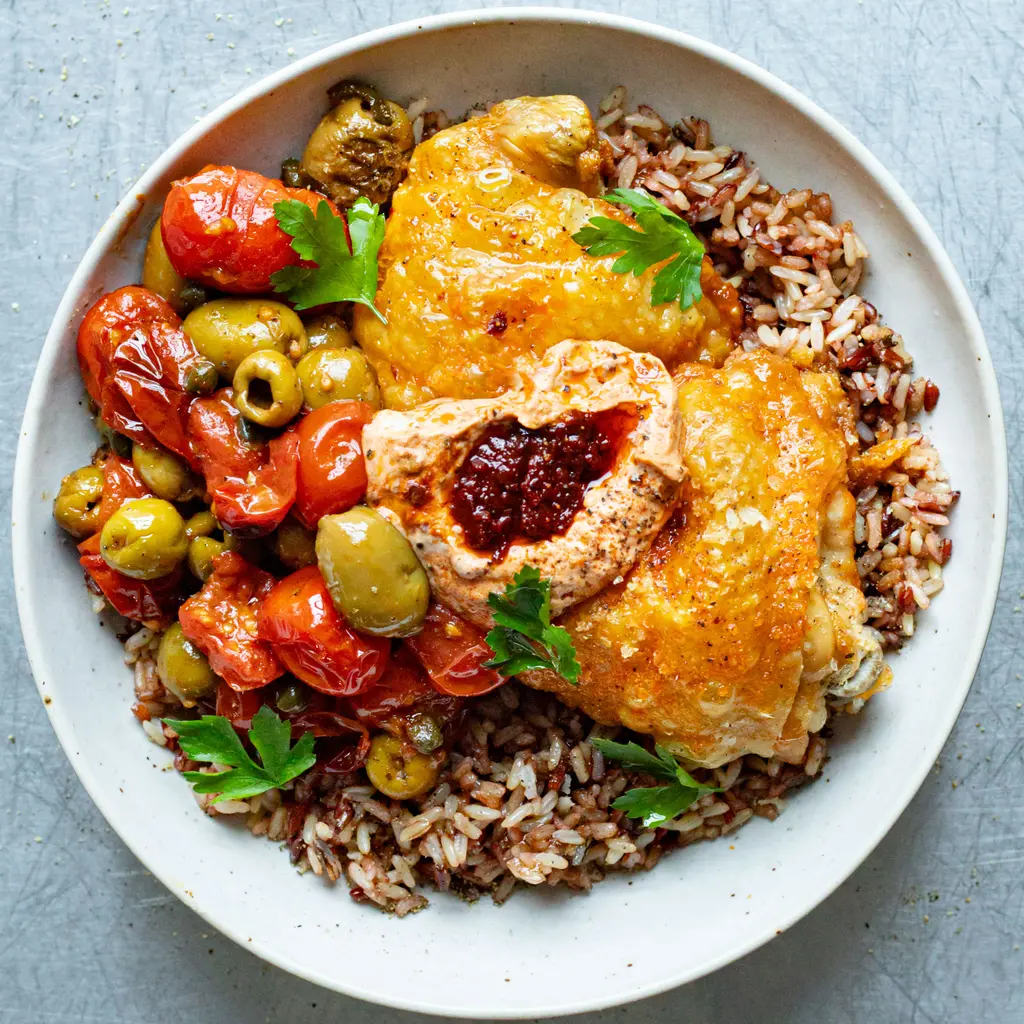 Harissa Chicken Traybake with Jammy Tomatoes & Olives