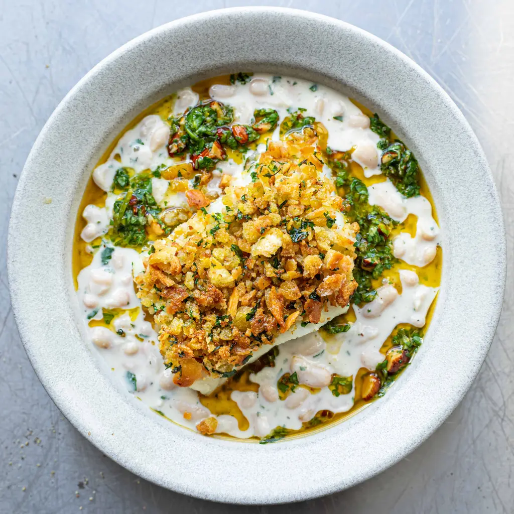 Herb Crusted Cod With Creamy Beans & Watercress Pesto