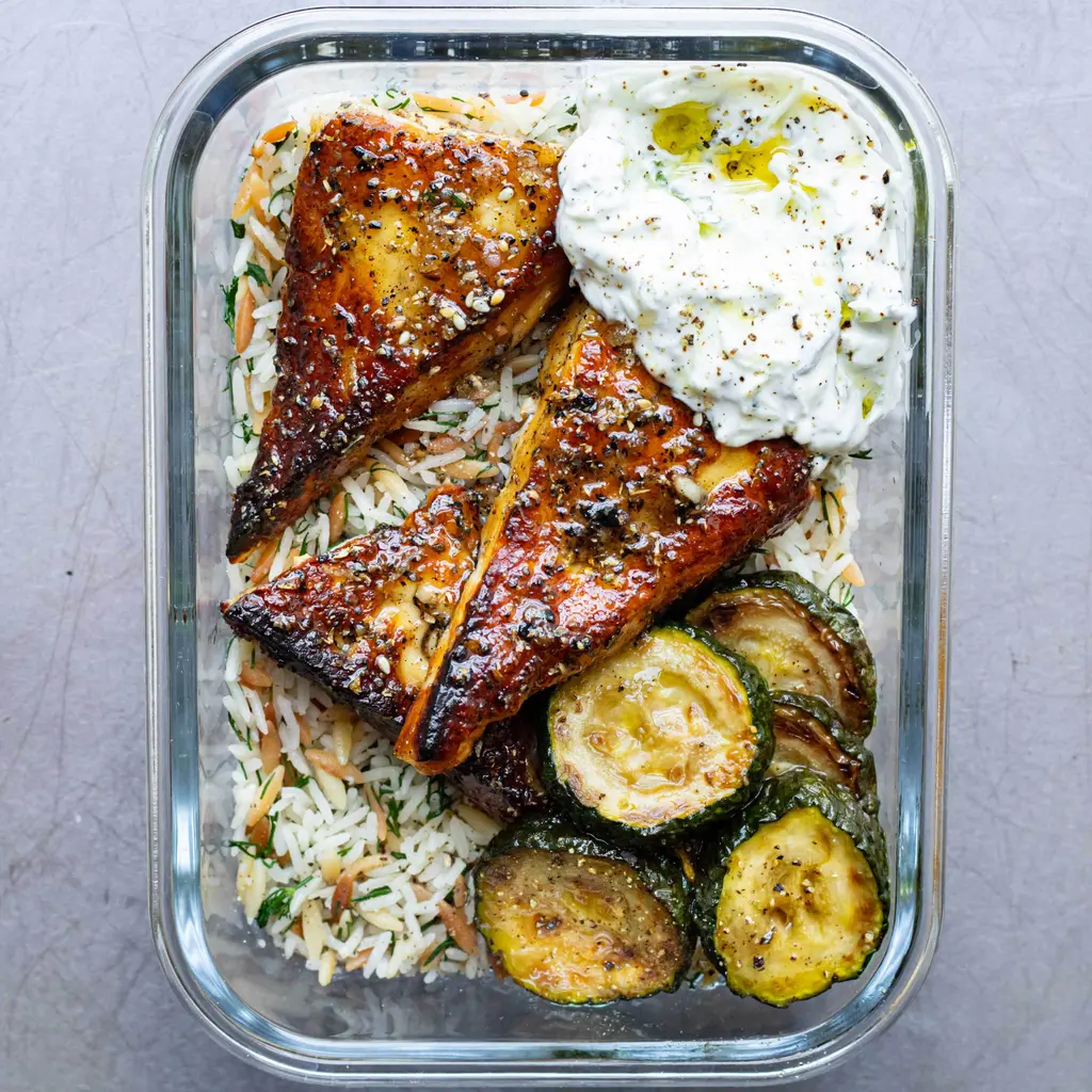 Herby Halloumi with Dilly Rice & Tzatziki