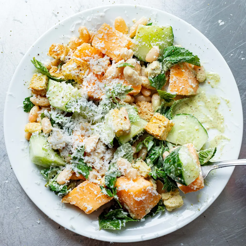 Herby Melon Salad with Grated Halloumi