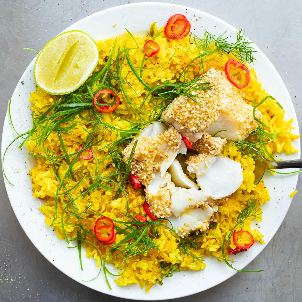 Herby Sesame Cod with Turmeric Rice