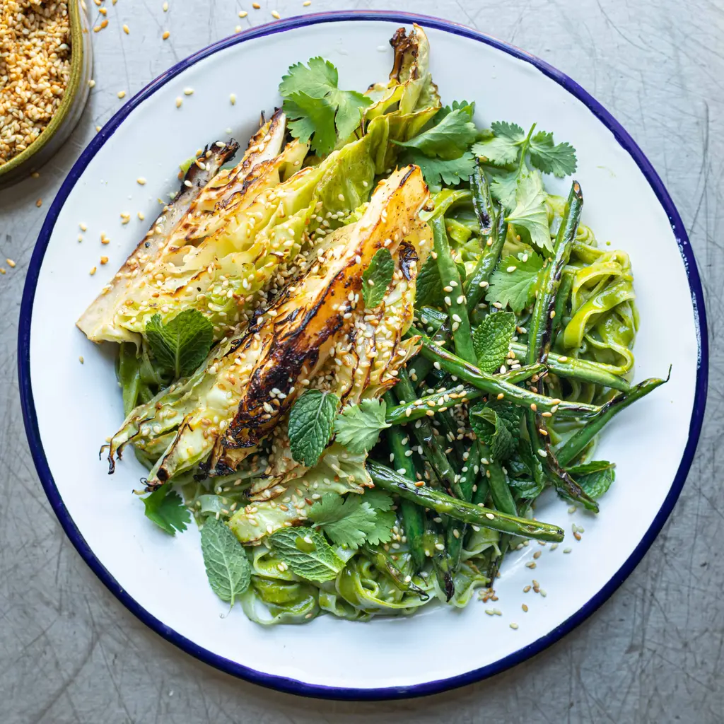 Charred Hispi Cabbage Noodle Bowl With Green Curry Dressing