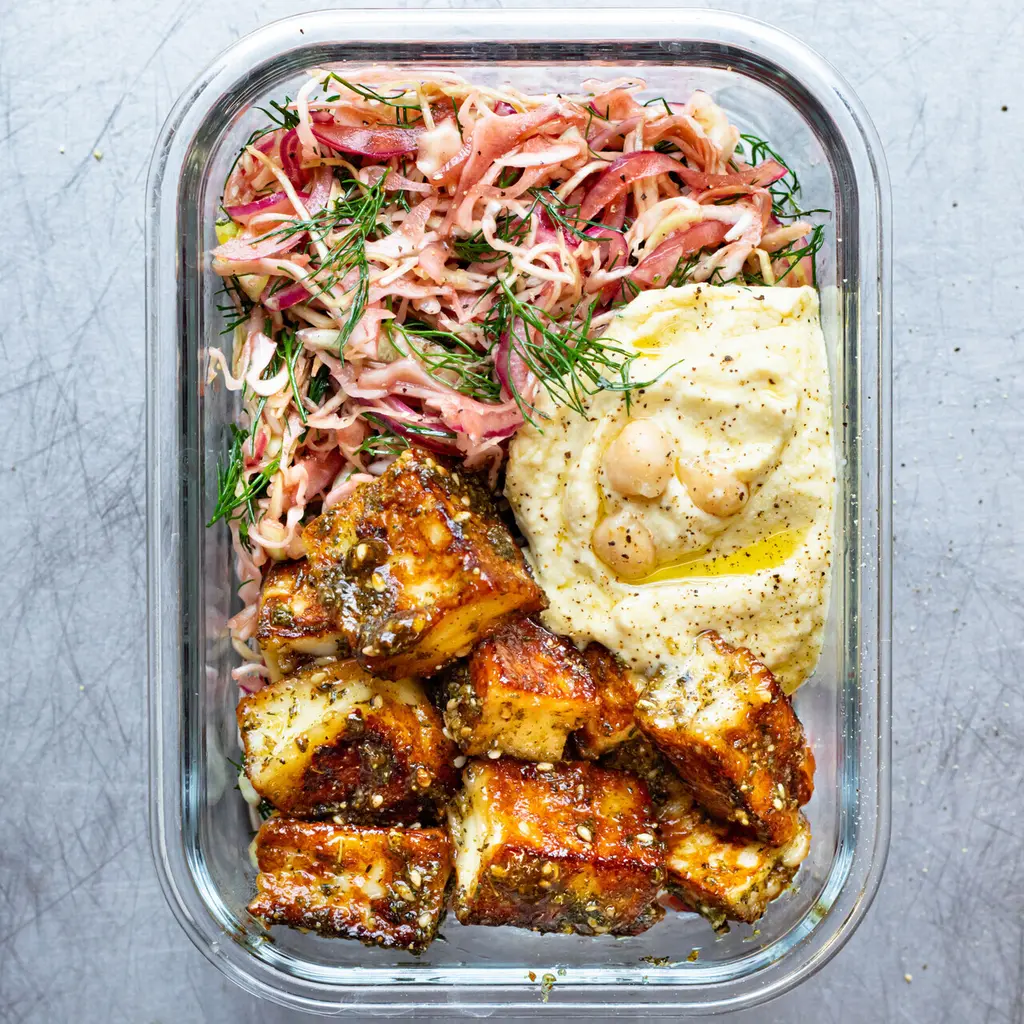 Honey Zaβatar Halloumi, Herby Pomegranate Slaw & Hummus