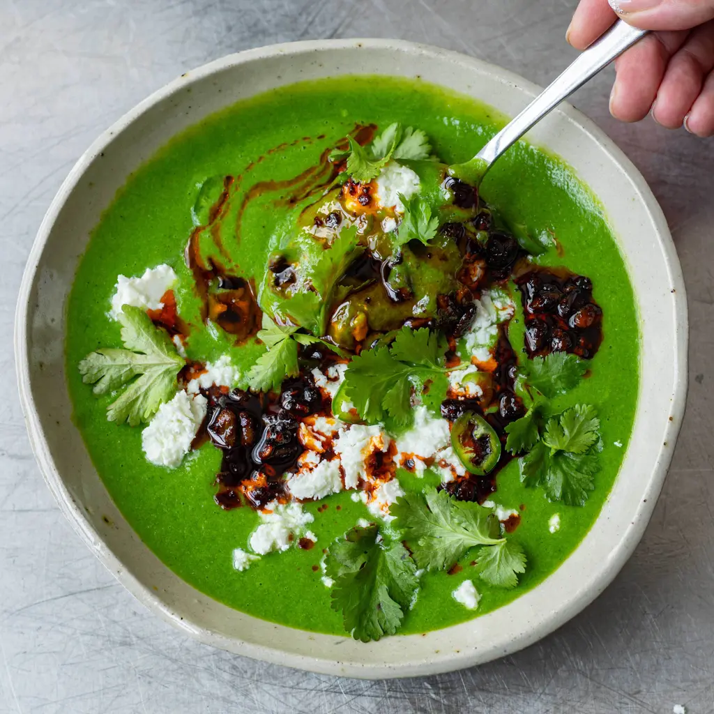 Iced Green Gazpacho With Chipotle Seed Drizzle