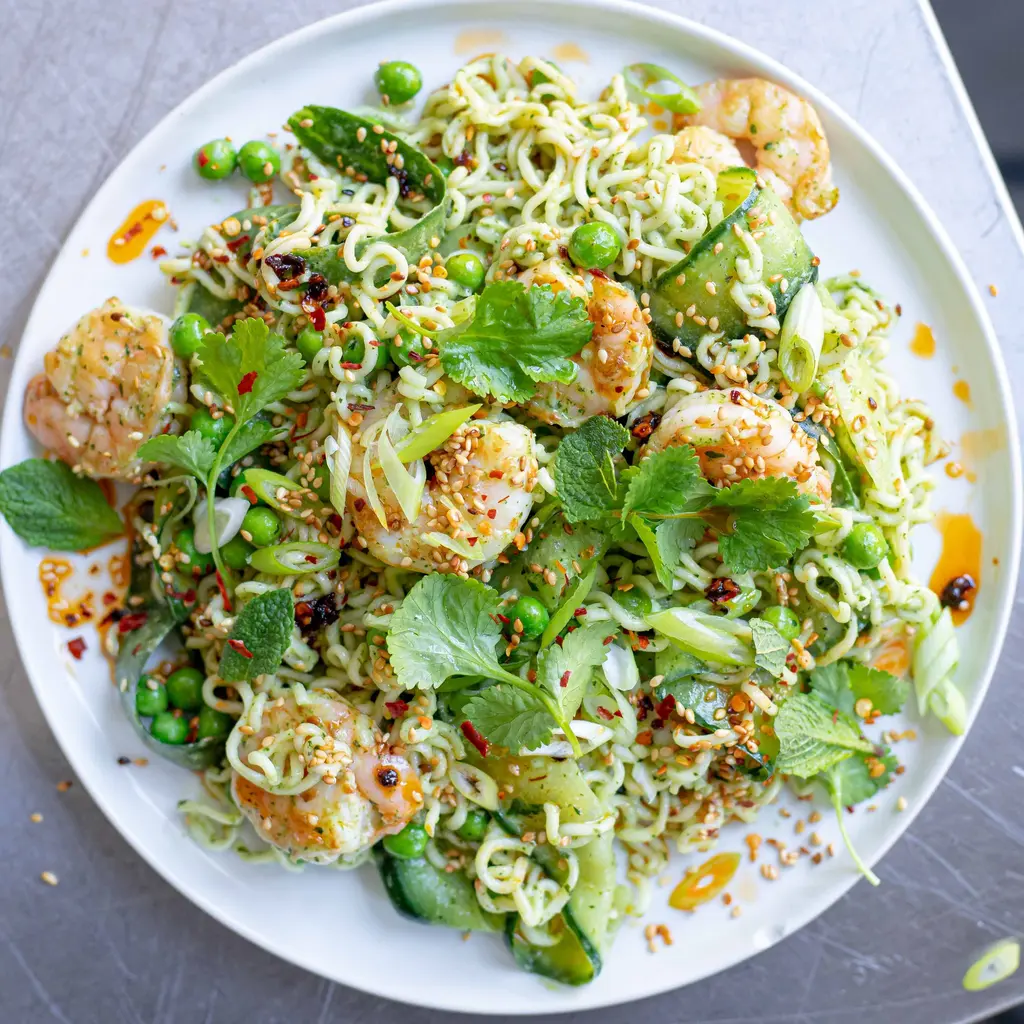 Juicy Prawn Noodles With Coriander Pesto