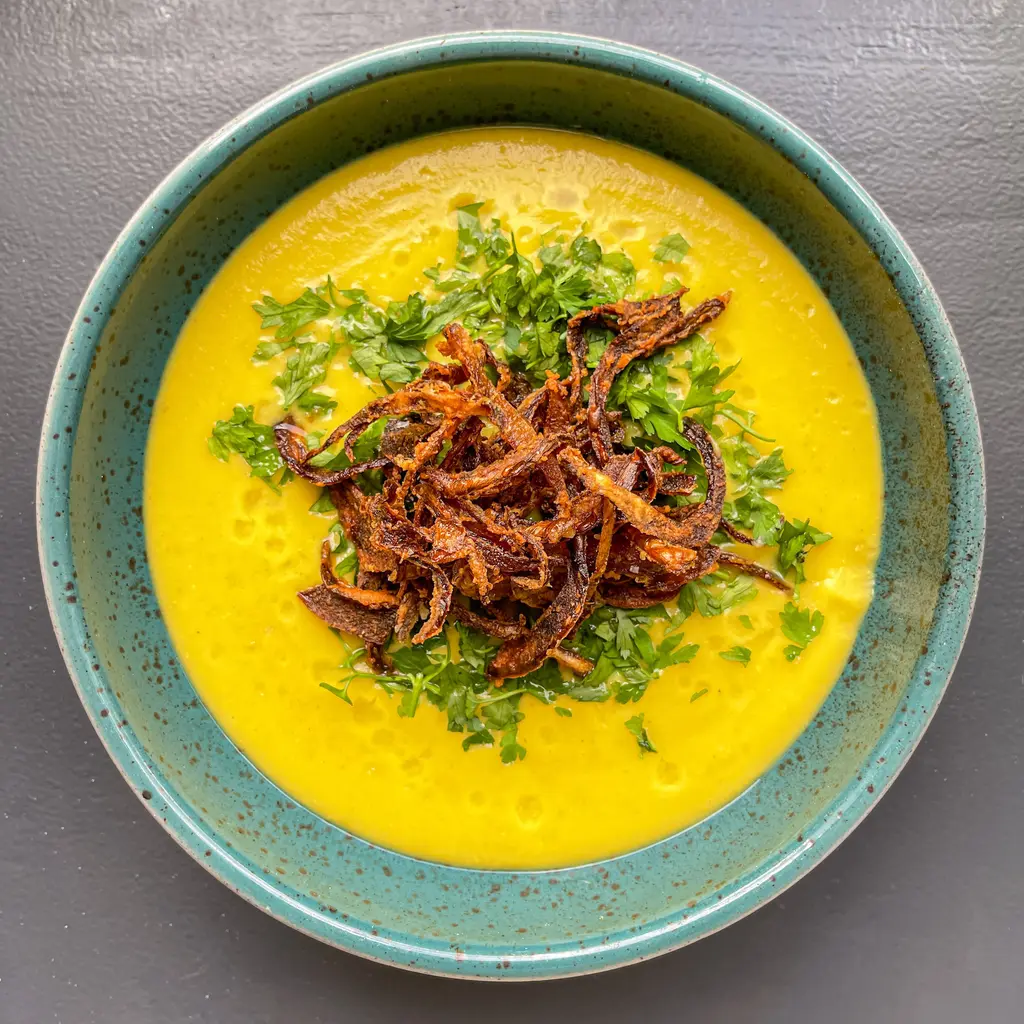 Lentil, Potato and Cumin Soup with Crispy Onions