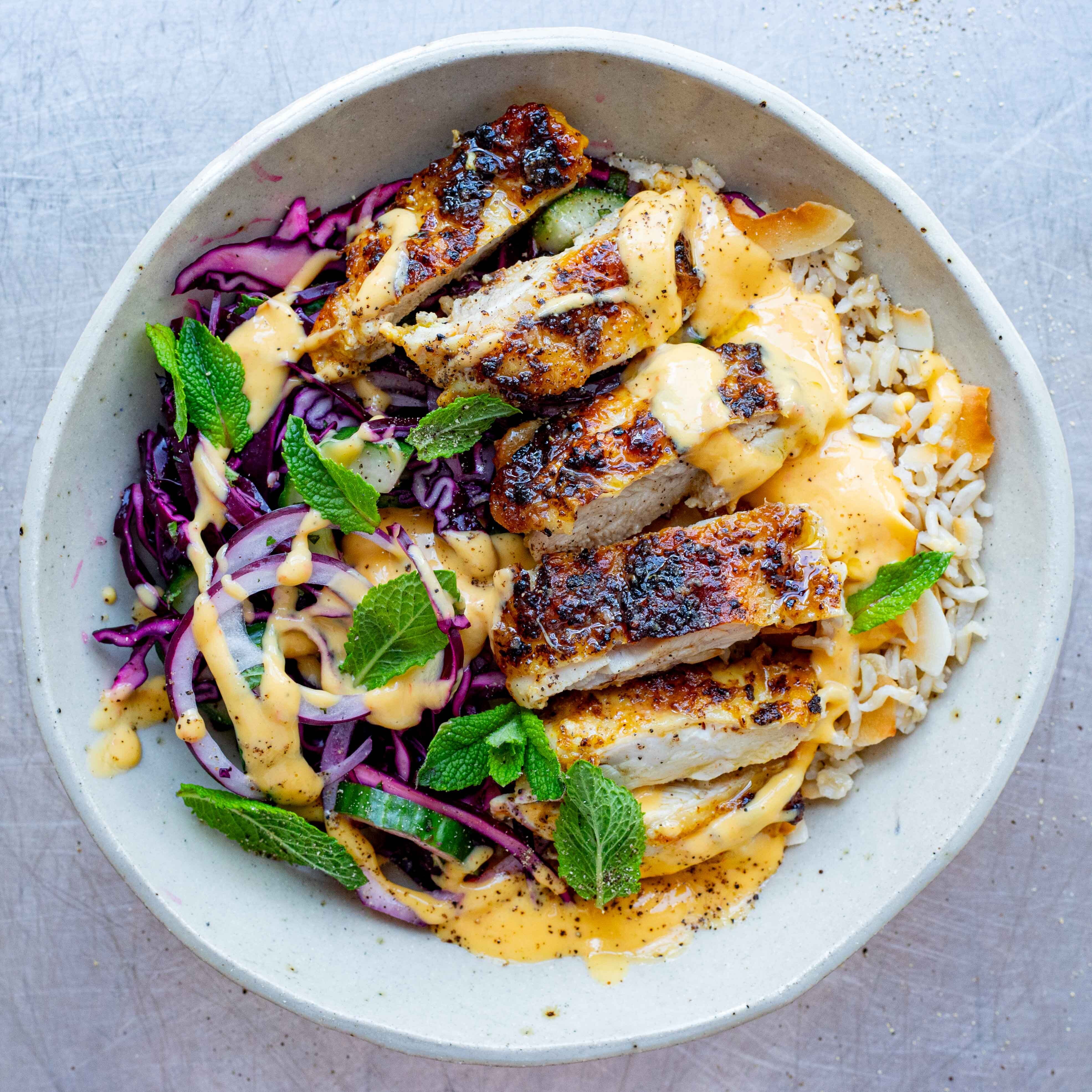 Lime Pickle Chicken & Coconutty Rice Salad with Mango Dressing