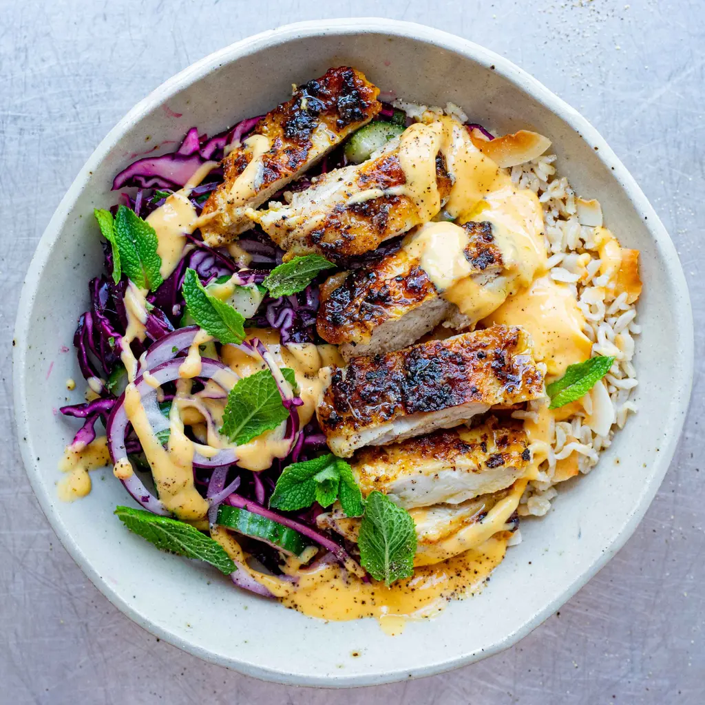 Lime Pickle Chicken & Coconutty Rice Salad with Mango Dressing