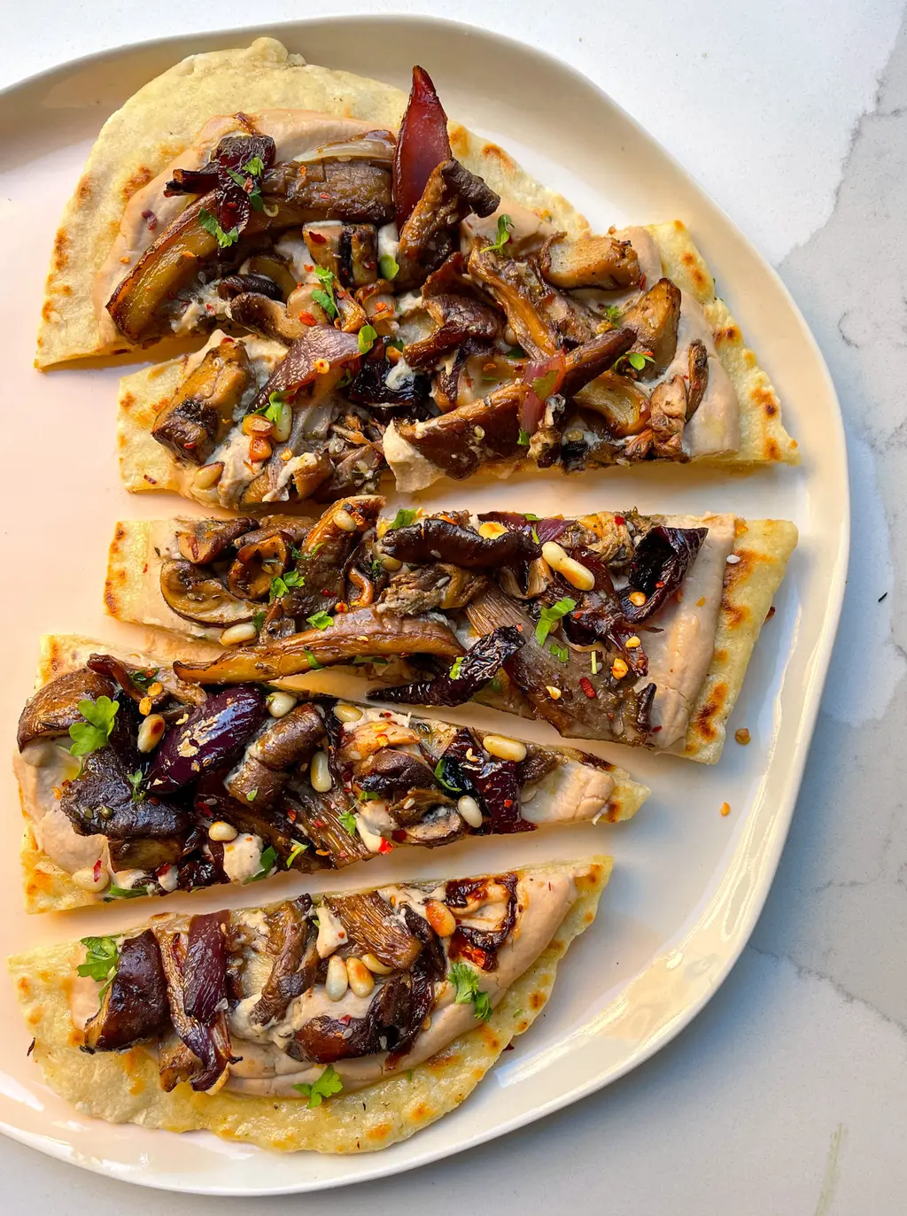 Speedy Mushroom Flatbreads with Red Onion Hummus