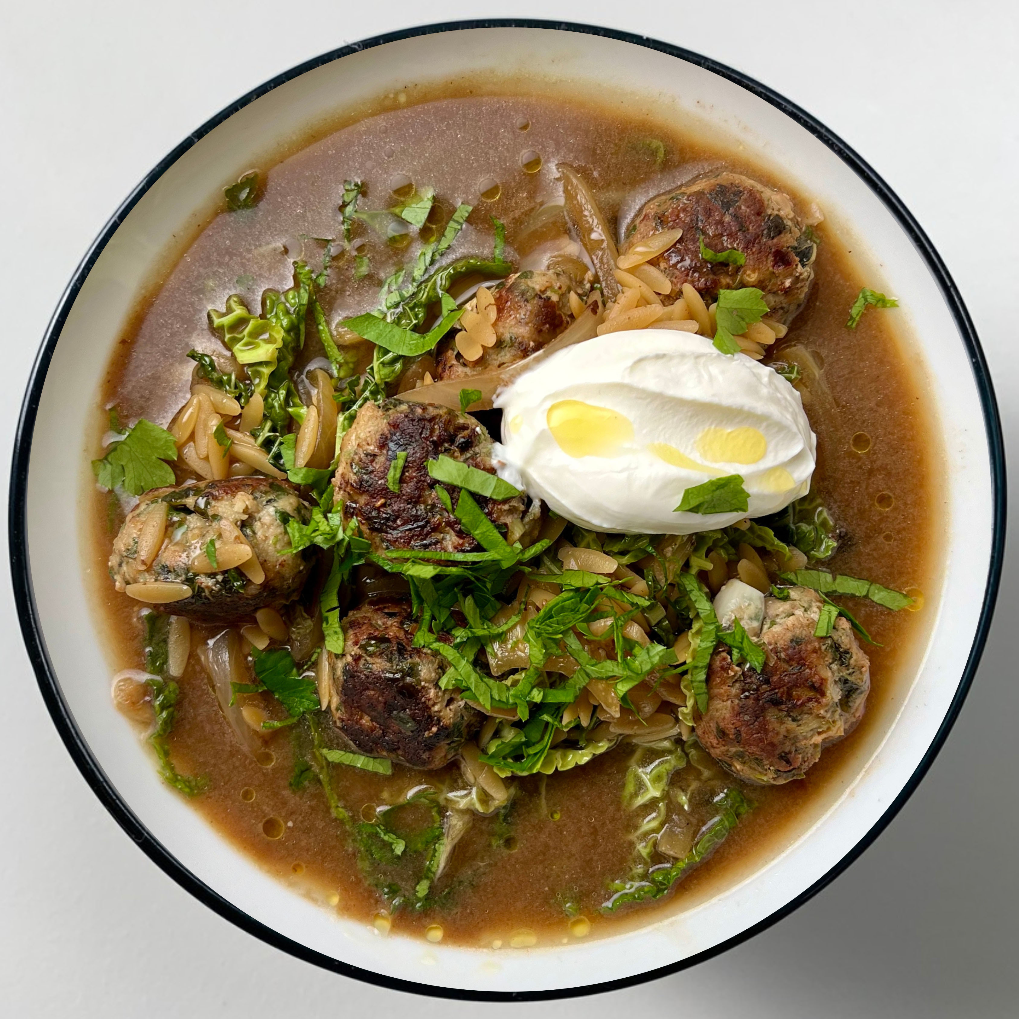 Orzo & Herby Turkey Meatballs in Mushroom Broth