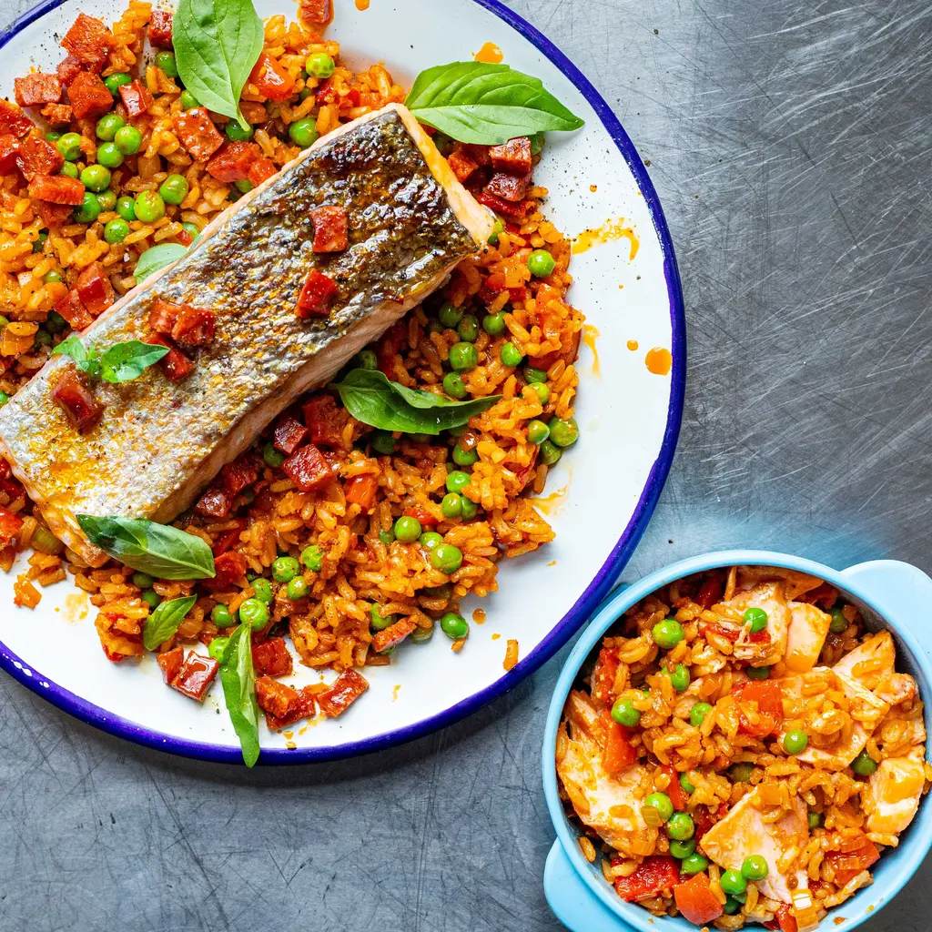 Paprika Salmon with Brown Rice & Spicy Chorizo Dressing