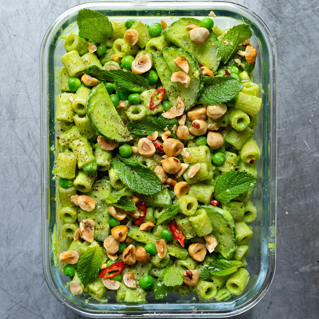 Pea Pasta Salad with Chilli, Hazelnut & Lemon Salsa