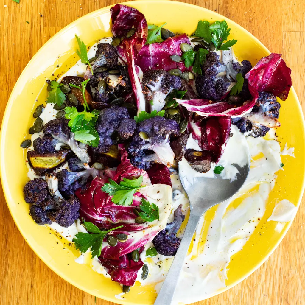 Polyphenal Salad with Roasted Carrots & Cauliflower