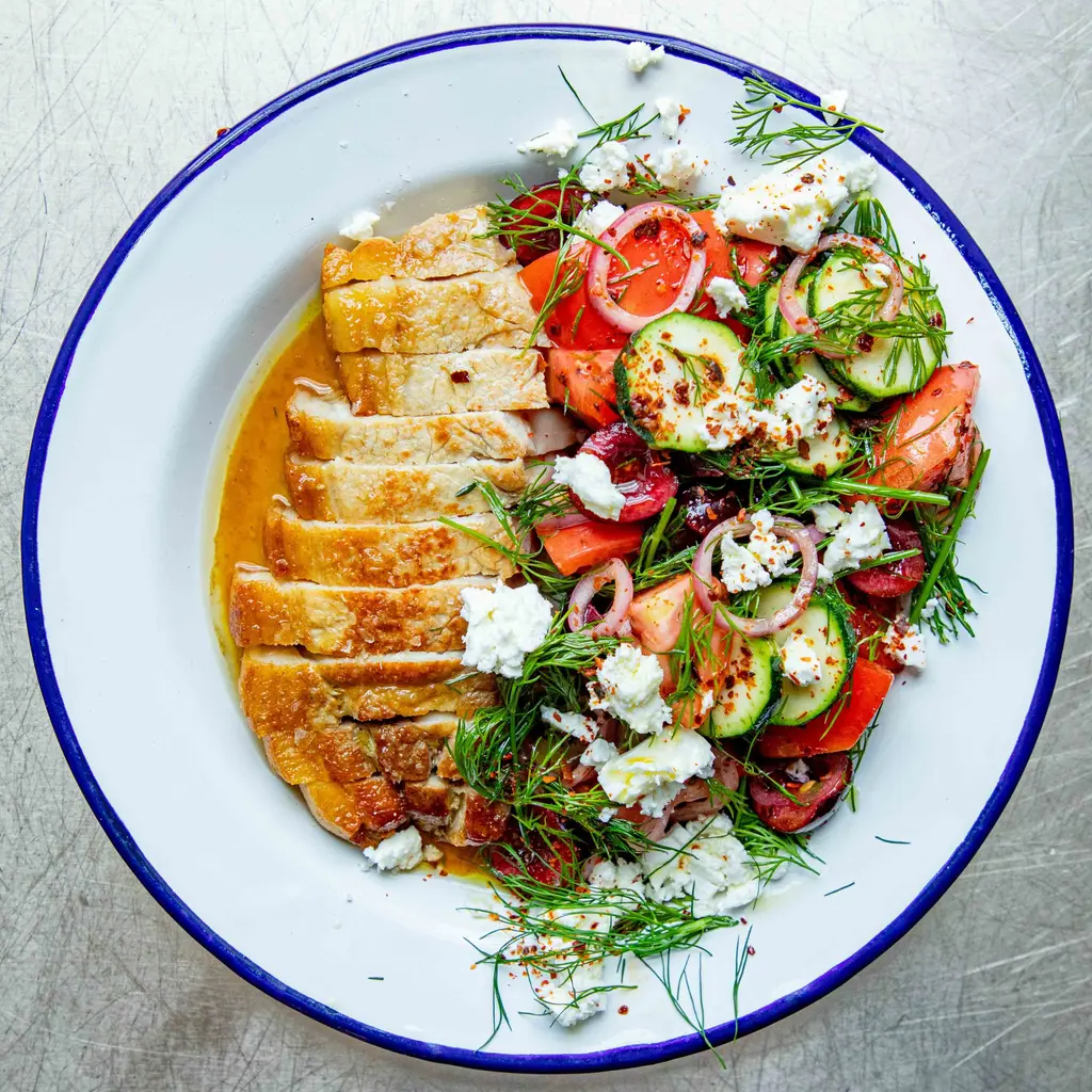 Pork Chops With Feta, Tomato & Cherry Salad
