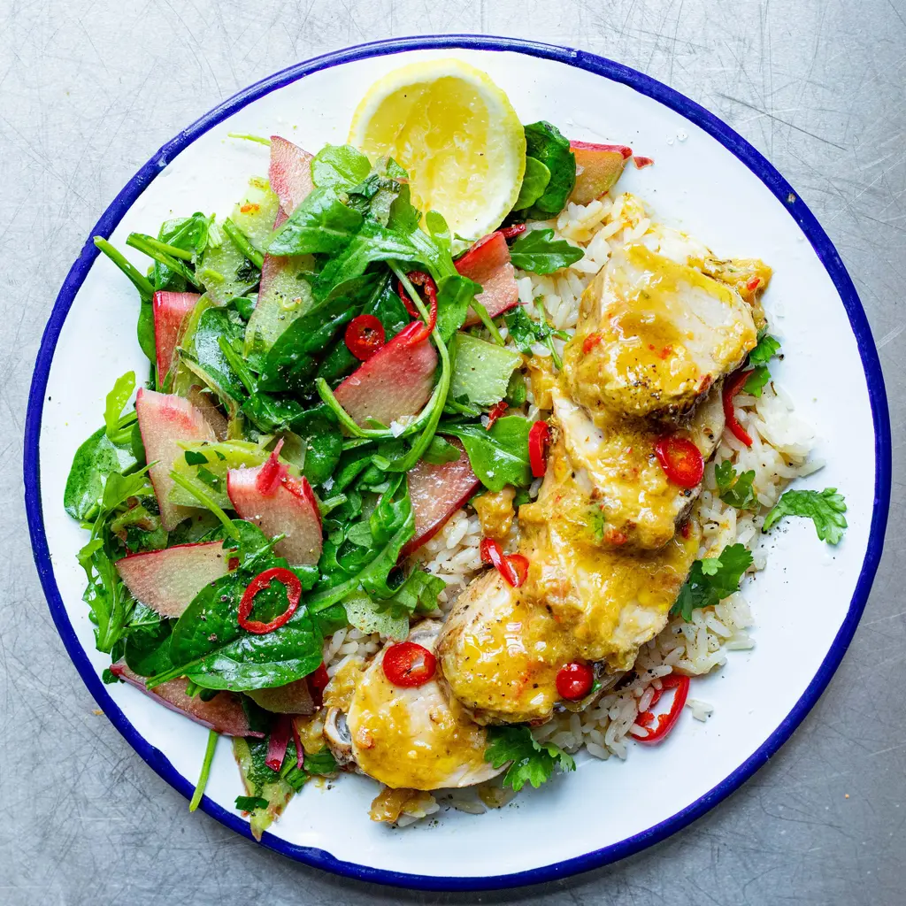 Pork Tenderloin with Spiced Rhubarb Sauce & Pickled Rhubarb Herb Salad