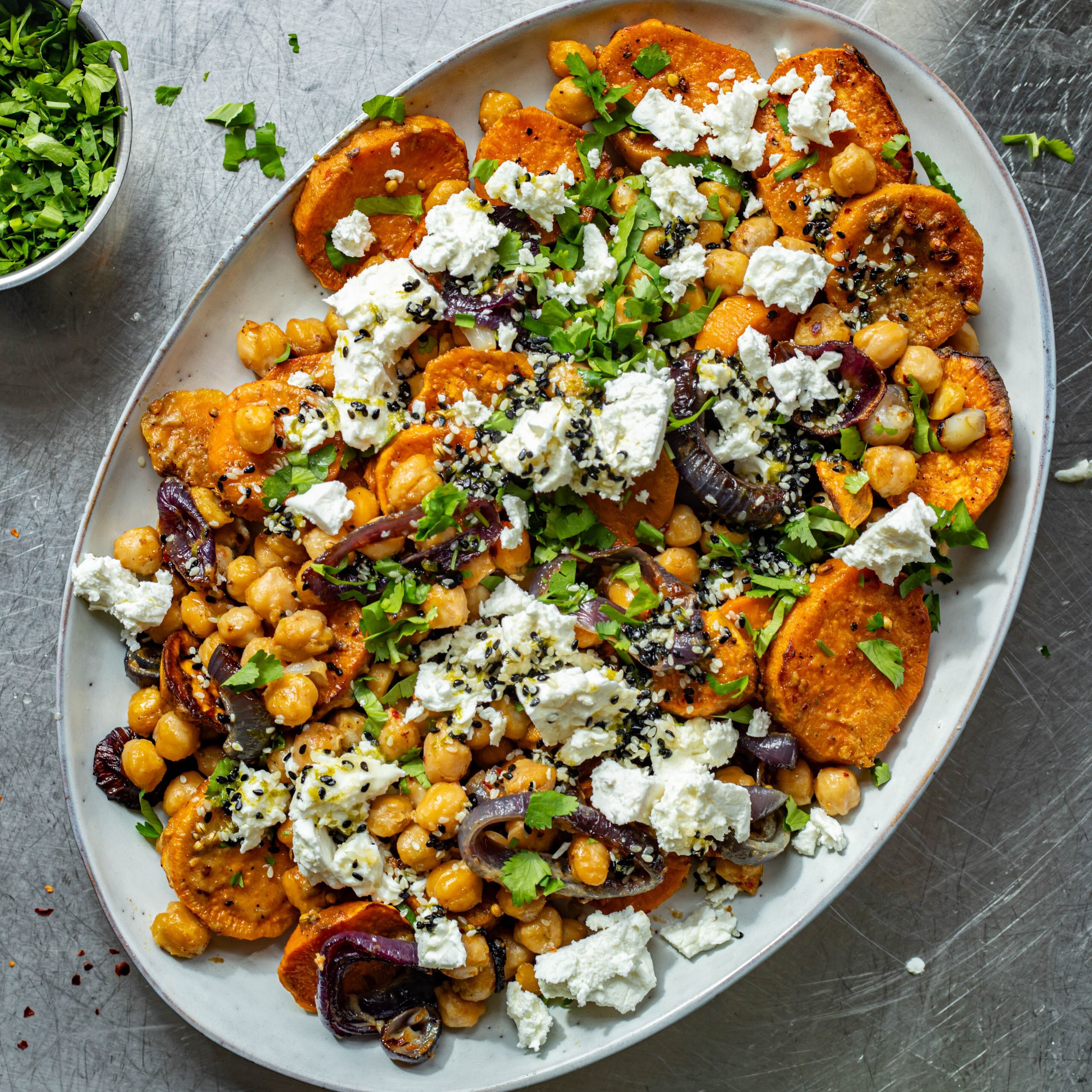 Roast Sweet Potato Salad with Miso Tahini Chickpeas