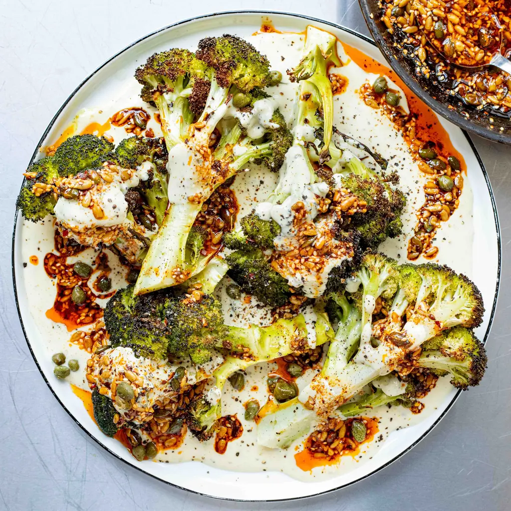 Roasted Broccoli with Caesar-ish Sauce and Smoky Seedy Drizzle