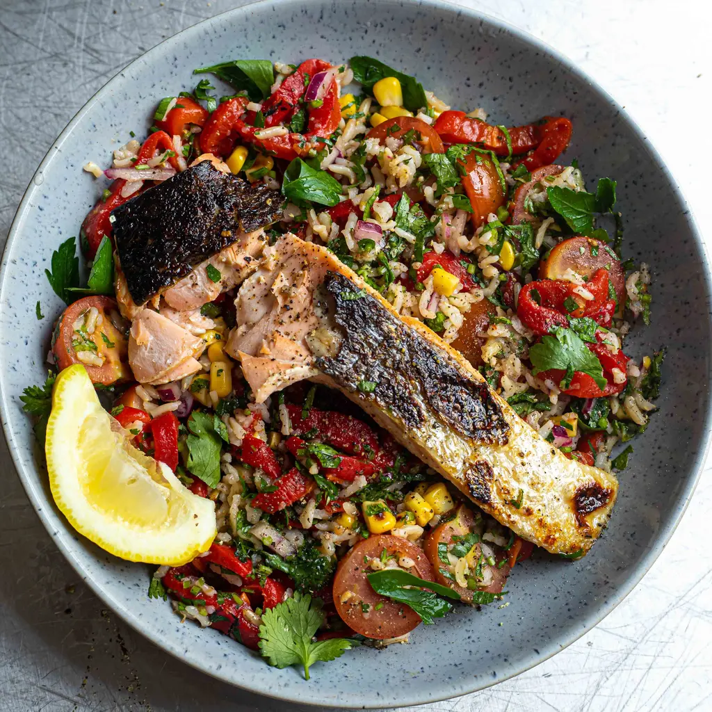 Salmon With Corn & Roasted Red Pepper Salad
