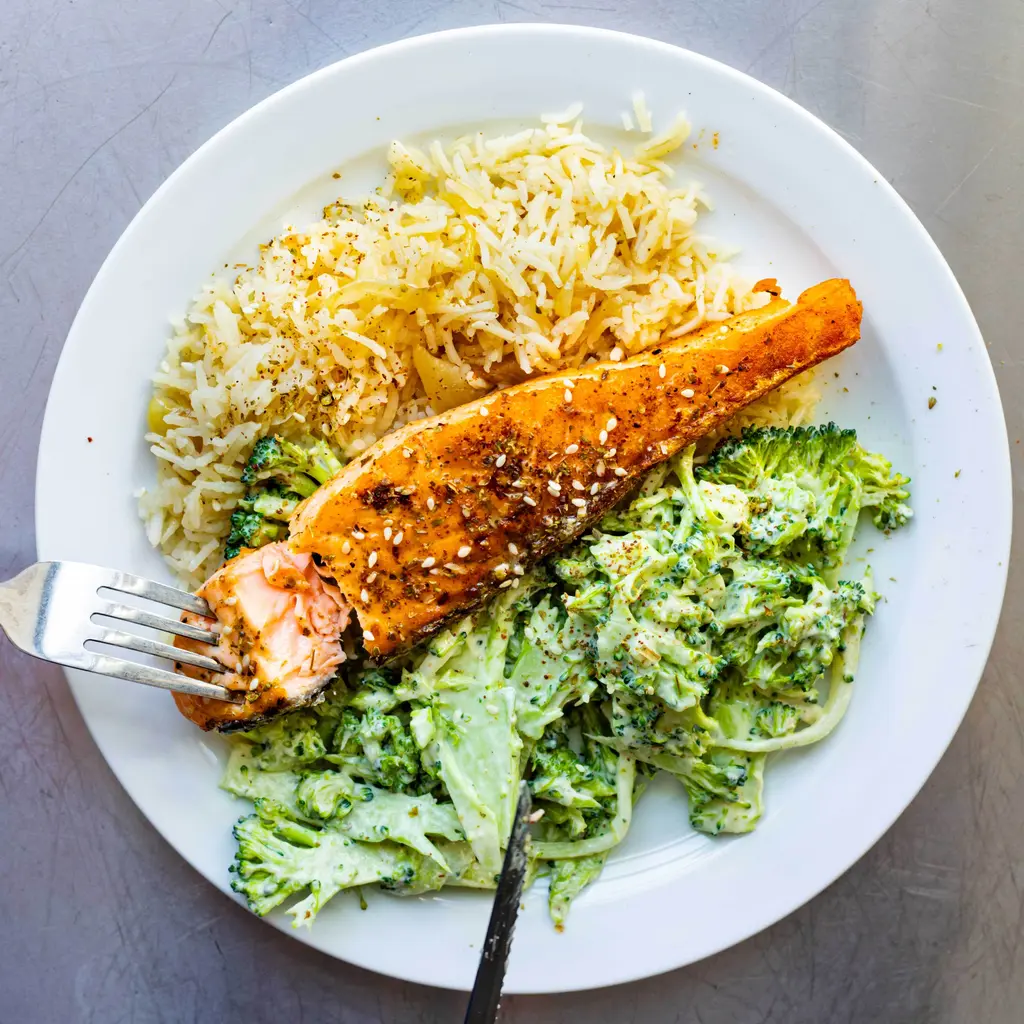 Salmon With Caramelised Onion Rice & Shaved Broccoli Salad